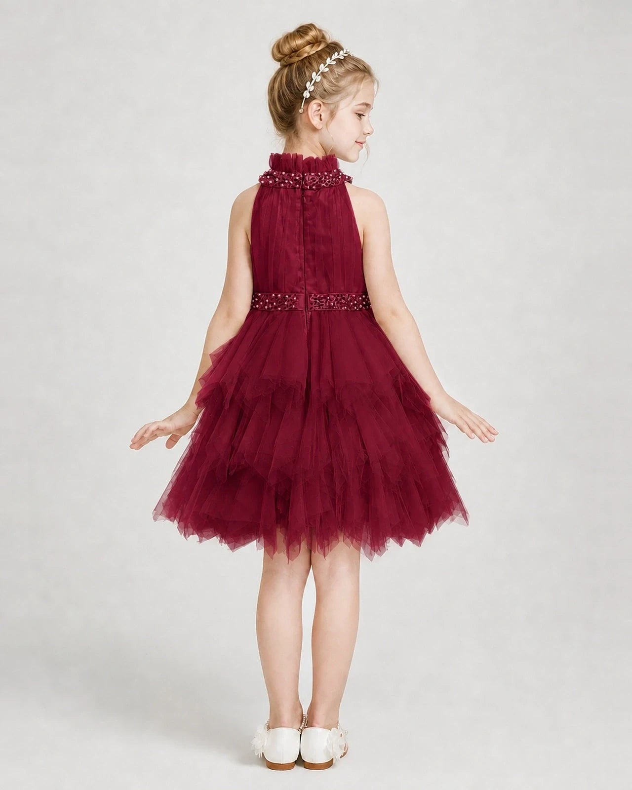 Dideyttawl Pearl High Neck Tiered Tulle Girl Formal Dress