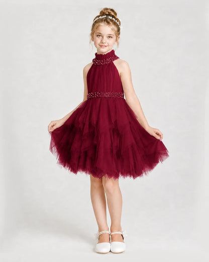 Dideyttawl Pearl High Neck Tiered Tulle Girl Formal Dress