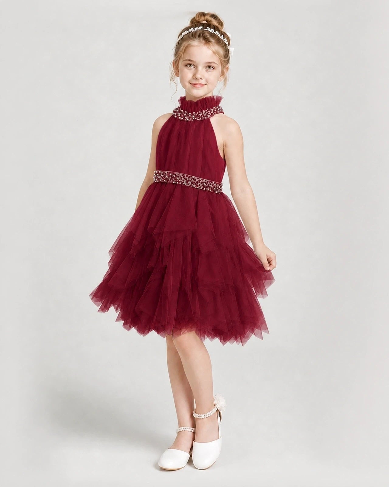 Dideyttawl Pearl High Neck Tiered Tulle Girl Formal Dress