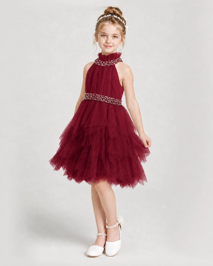 Dideyttawl Pearl High Neck Tiered Tulle Girl Formal Dress