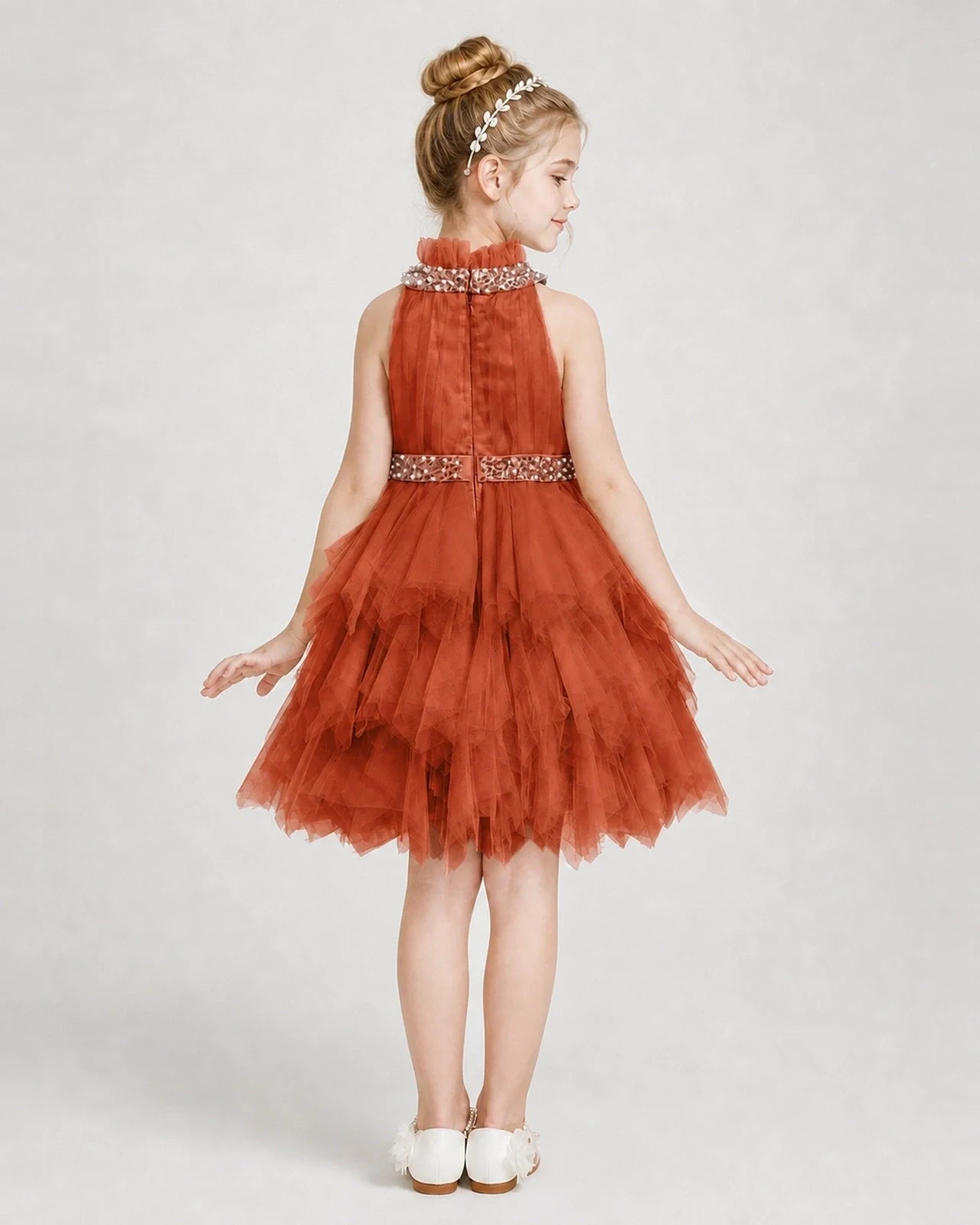 Dideyttawl Pearl High Neck Tiered Tulle Girl Formal Dress