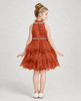 Burnt Orange Tulle Tiered Halter Girls Formal Dresses Back View