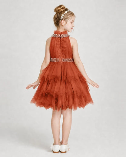 Dideyttawl Pearl High Neck Tiered Tulle Girl Formal Dress