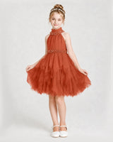 Burnt Orange Tulle Tiered Halter Girls Formal Dresses Front View