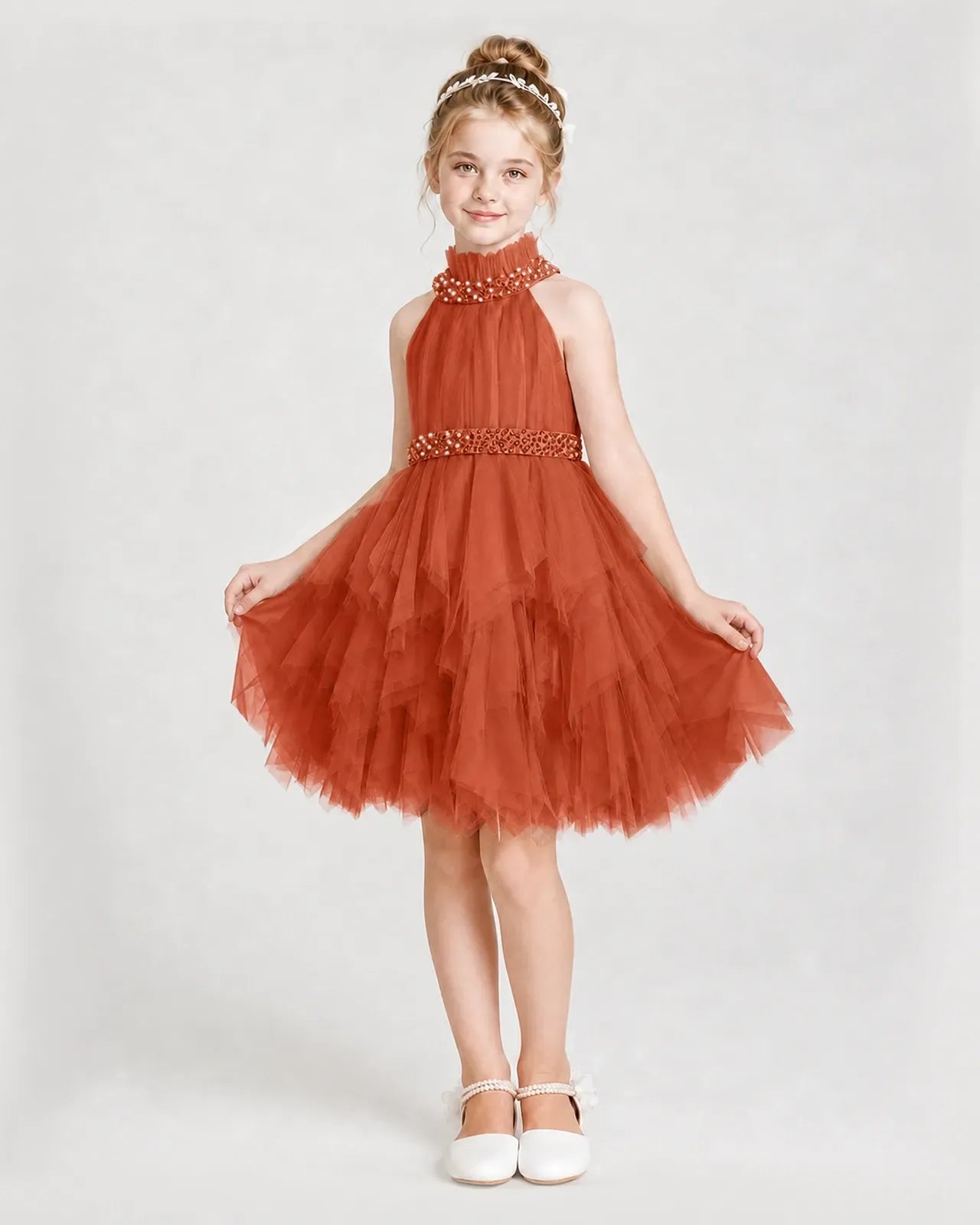 Burnt Orange Tulle Tiered Halter Girls Formal Dresses Front View