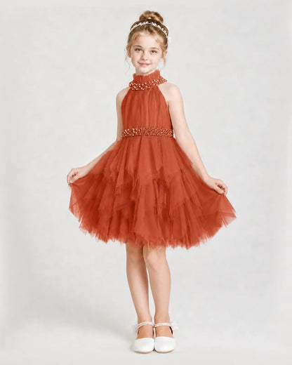 Dideyttawl Pearl High Neck Tiered Tulle Girl Formal Dress