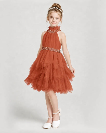 Dideyttawl Pearl High Neck Tiered Tulle Girl Formal Dress