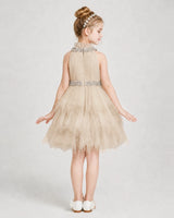 Champagne tulle tiered halter neck girls formal dresses Back View