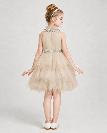 Dideyttawl Pearl High Neck Tiered Tulle Girl Formal Dress