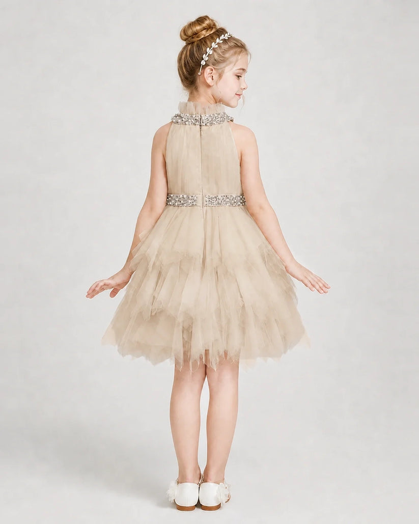 Champagne tulle tiered halter neck girls formal dresses Back View