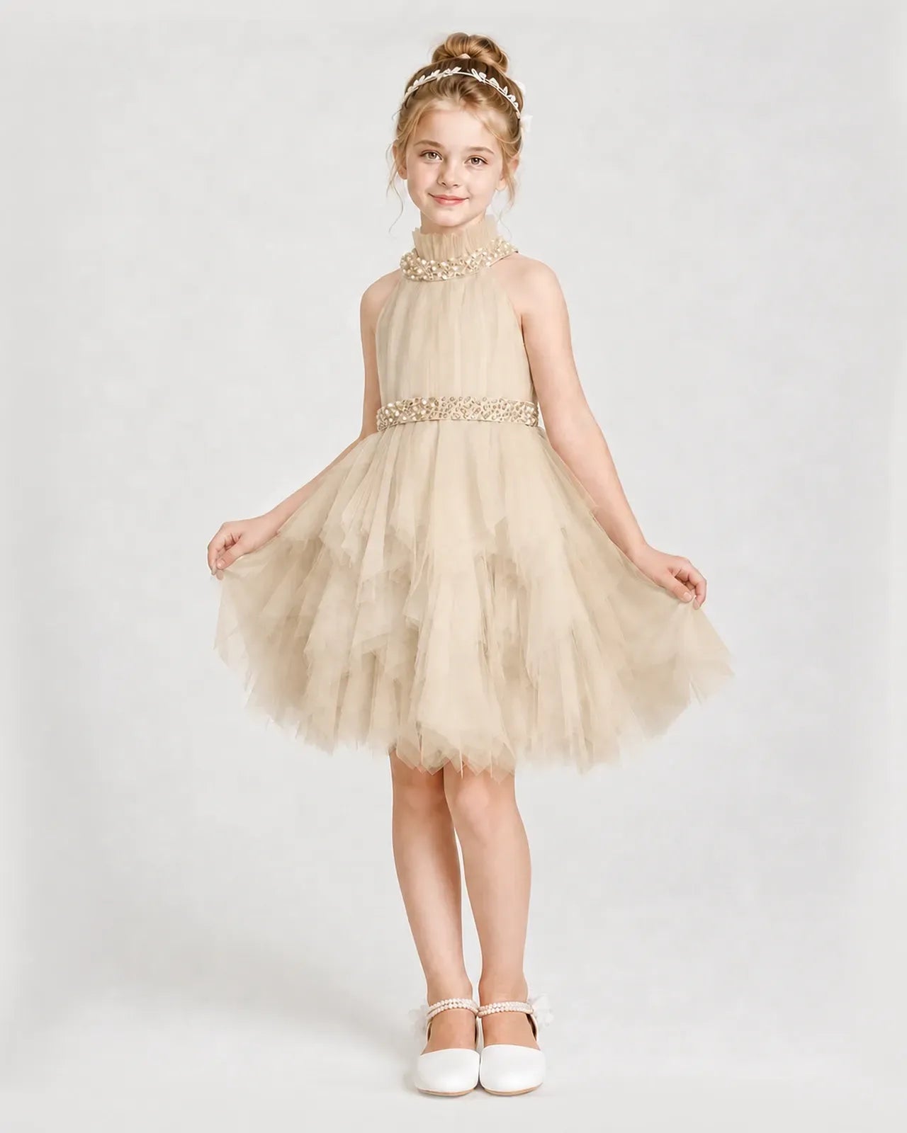 Dideyttawl Pearl High Neck Tiered Tulle Girl Formal Dress