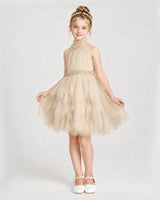 Champagne Tulle Halter Ruffle Girls Formal Dresses Front View