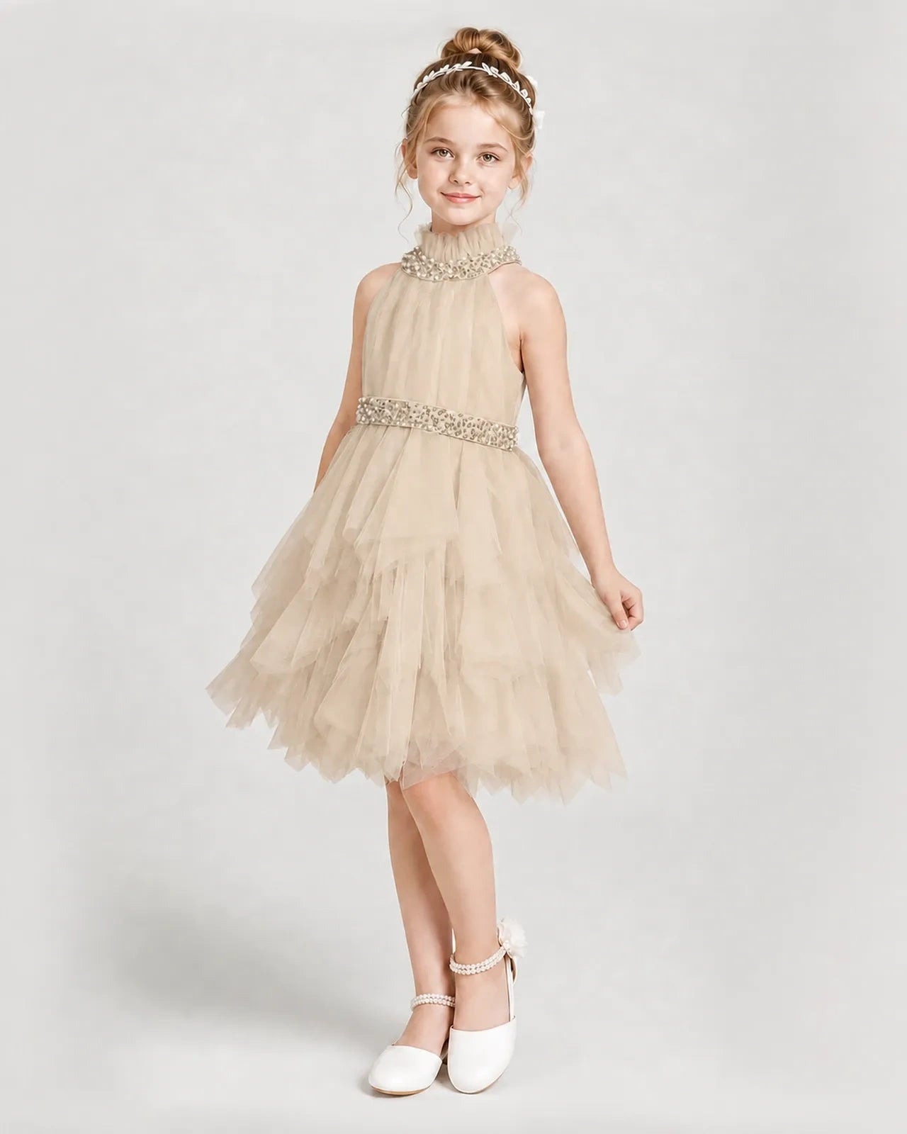 Dideyttawl Pearl High Neck Tiered Tulle Girl Formal Dress