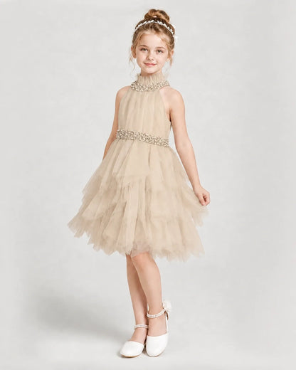 Dideyttawl Pearl High Neck Tiered Tulle Girl Formal Dress