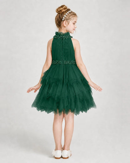 Dideyttawl Pearl High Neck Tiered Tulle Girl Formal Dress