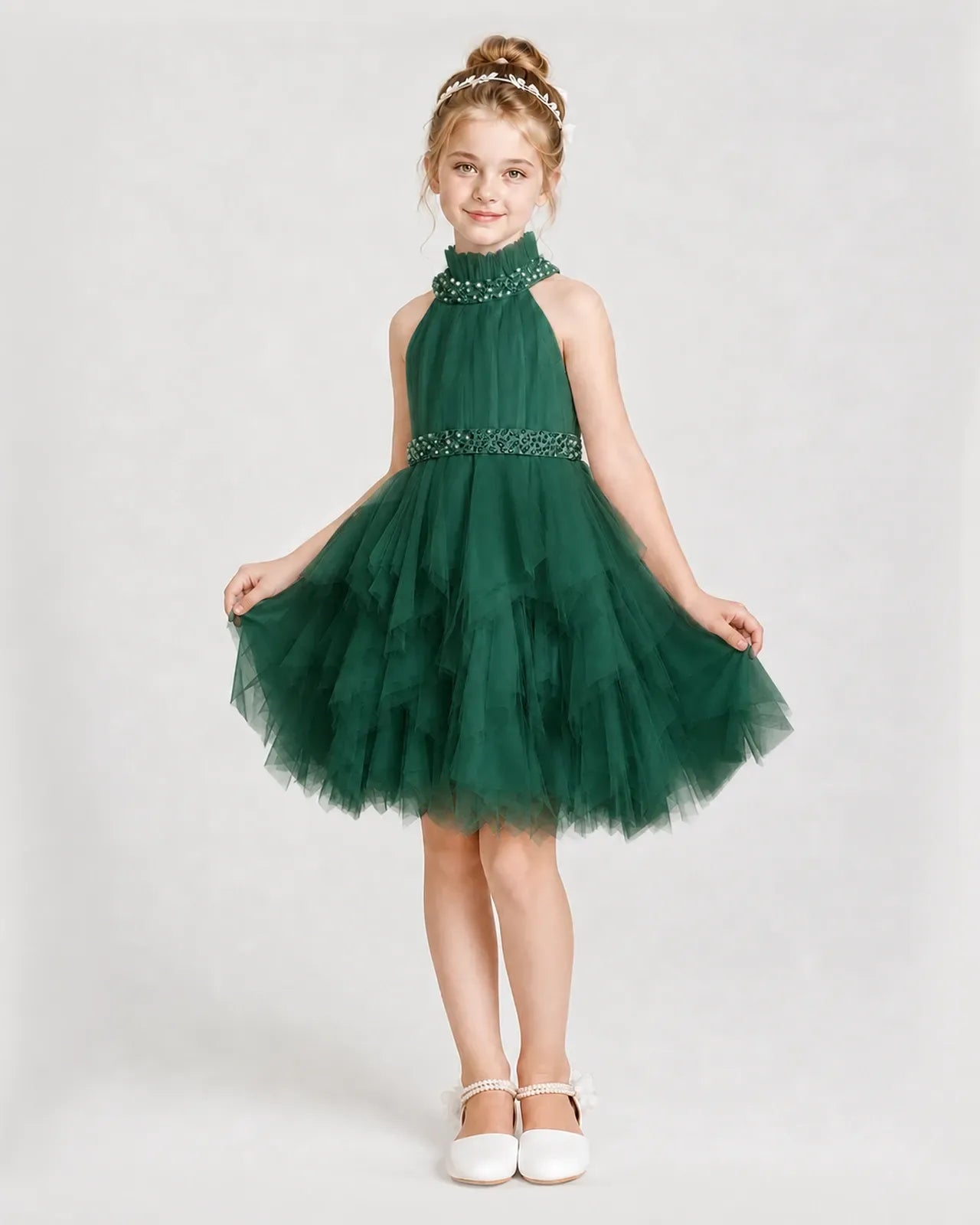 Dideyttawl Pearl High Neck Tiered Tulle Girl Formal Dress