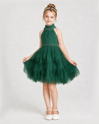 Dideyttawl Pearl High Neck Tiered Tulle Girl Formal Dress
