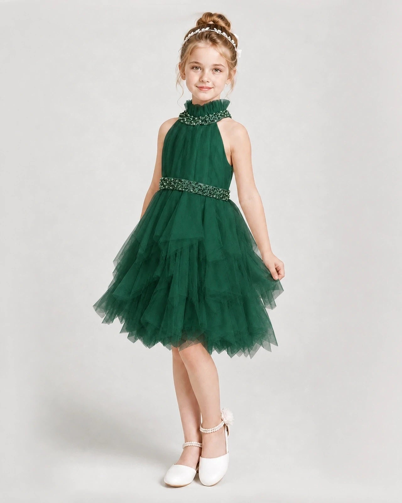 Dideyttawl Pearl High Neck Tiered Tulle Girl Formal Dress