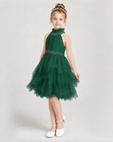 Dark green tulle halter-neck tiered girls formal dresses Side View