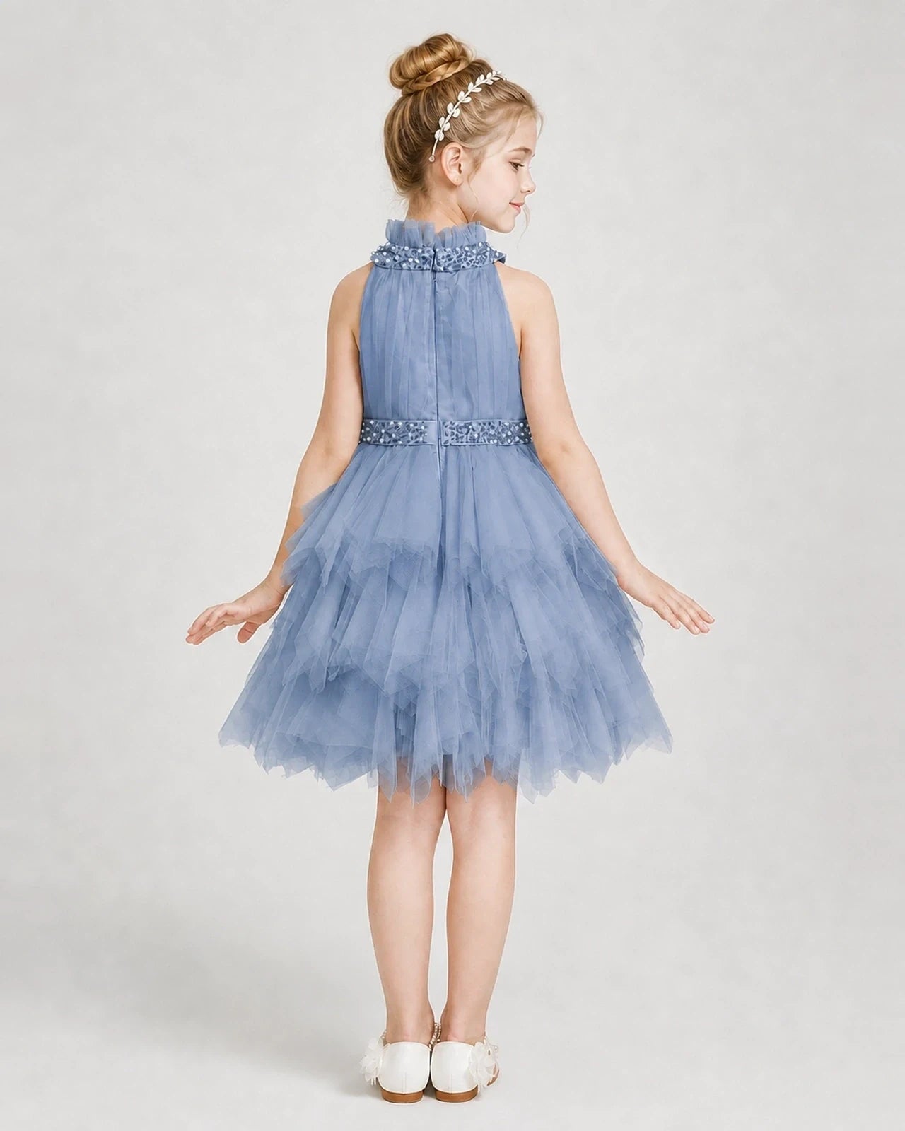 Dideyttawl Pearl High Neck Tiered Tulle Girl Formal Dress