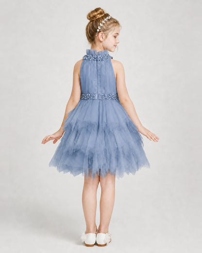Dideyttawl Pearl High Neck Tiered Tulle Girl Formal Dress