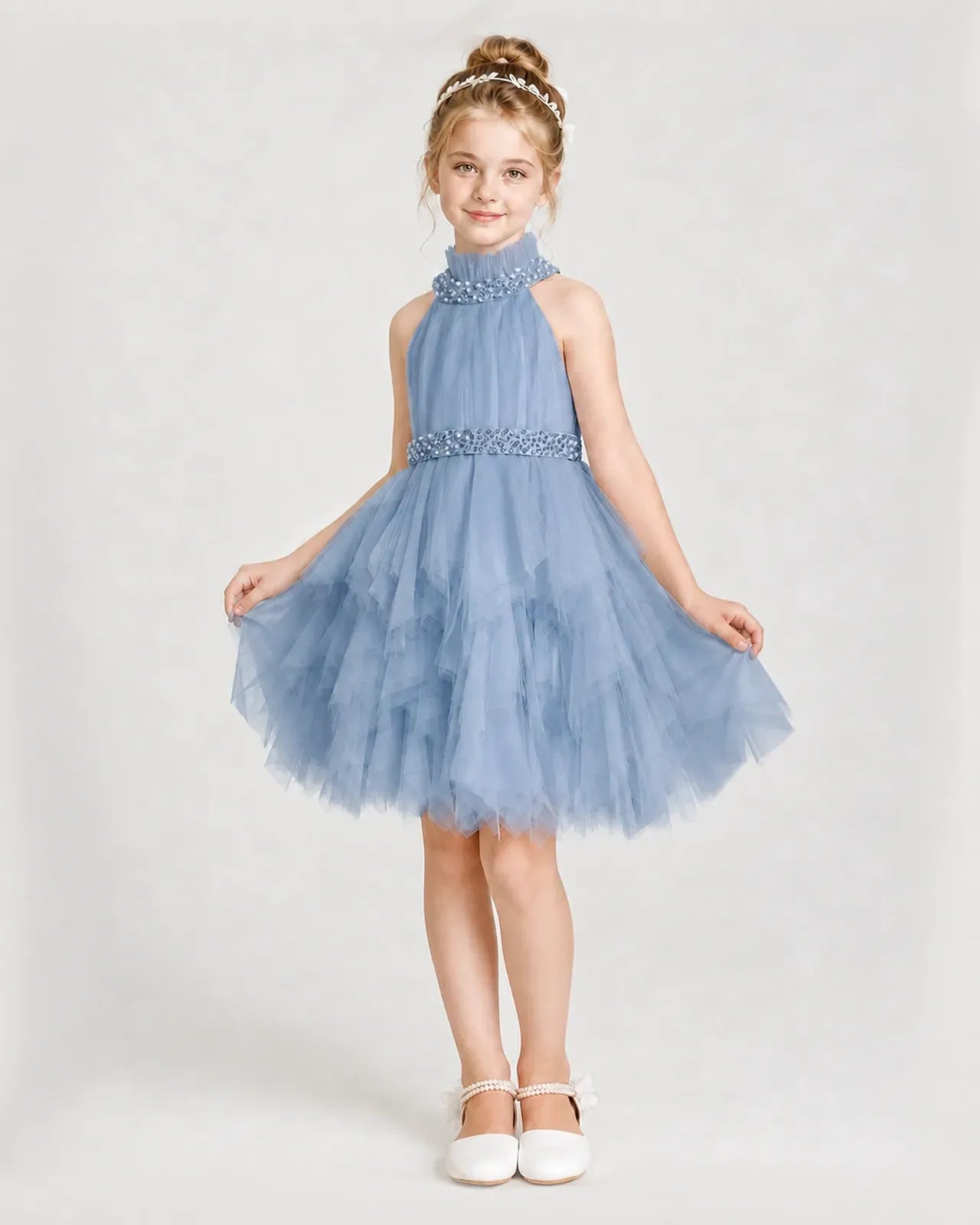 Dideyttawl Pearl High Neck Tiered Tulle Girl Formal Dress