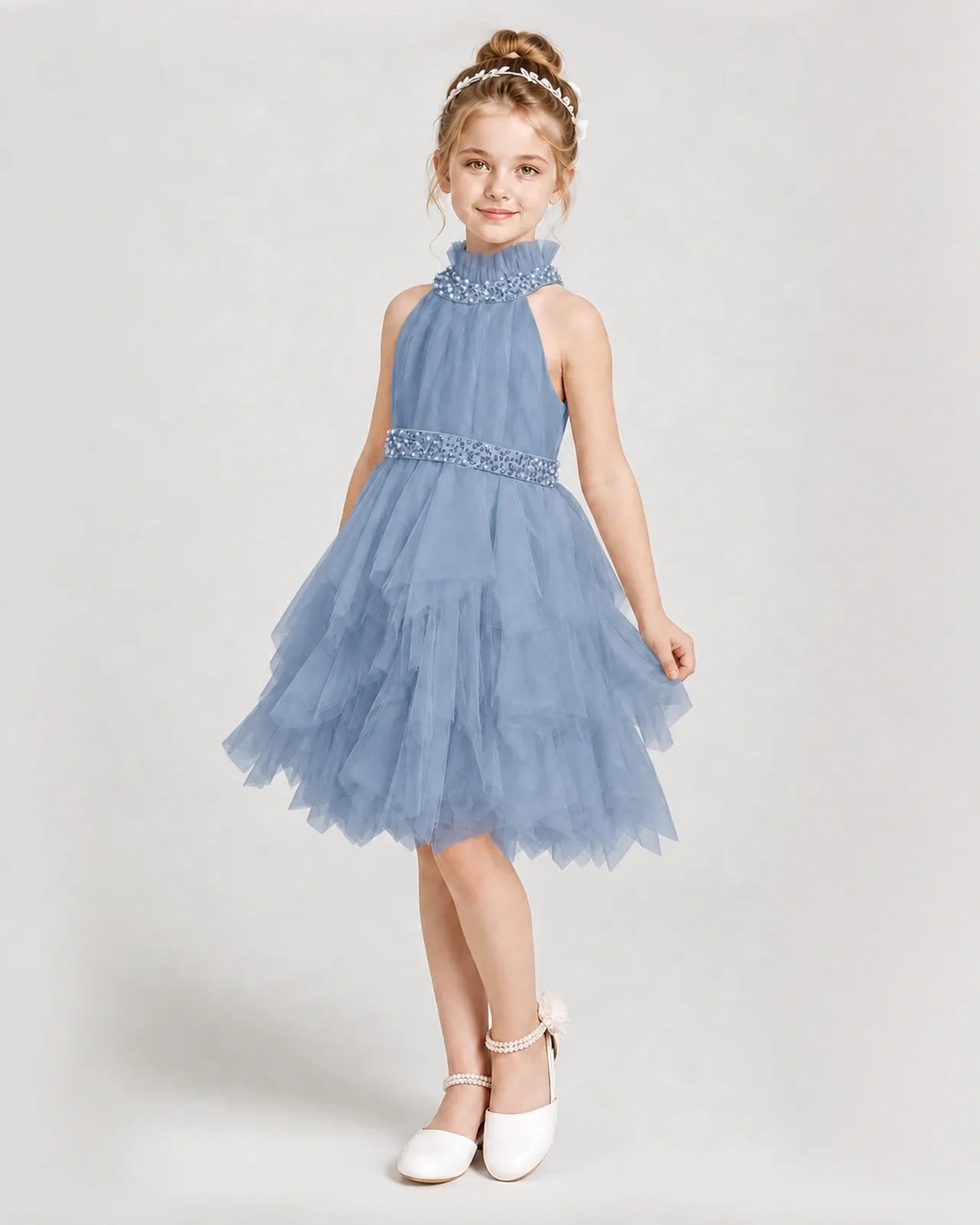 Dideyttawl Pearl High Neck Tiered Tulle Girl Formal Dress