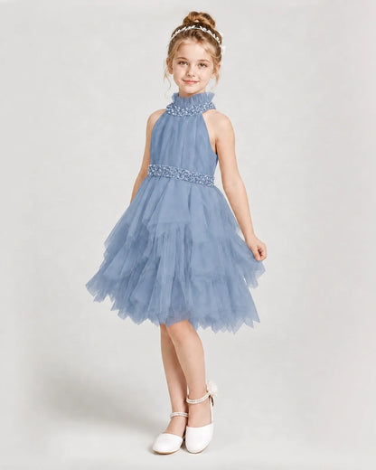 Dideyttawl Pearl High Neck Tiered Tulle Girl Formal Dress