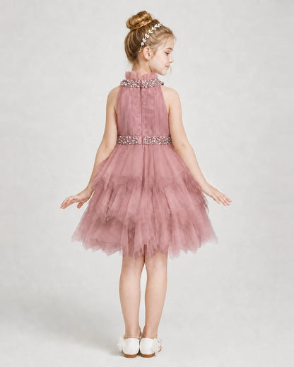 Dideyttawl Pearl High Neck Tiered Tulle Girl Formal Dress