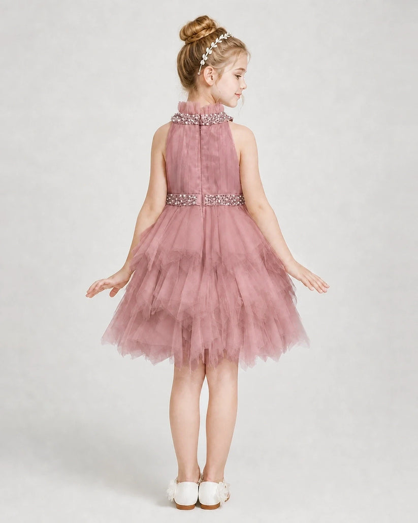 Dusty rose tulle halter tiered girls formal dresses back view