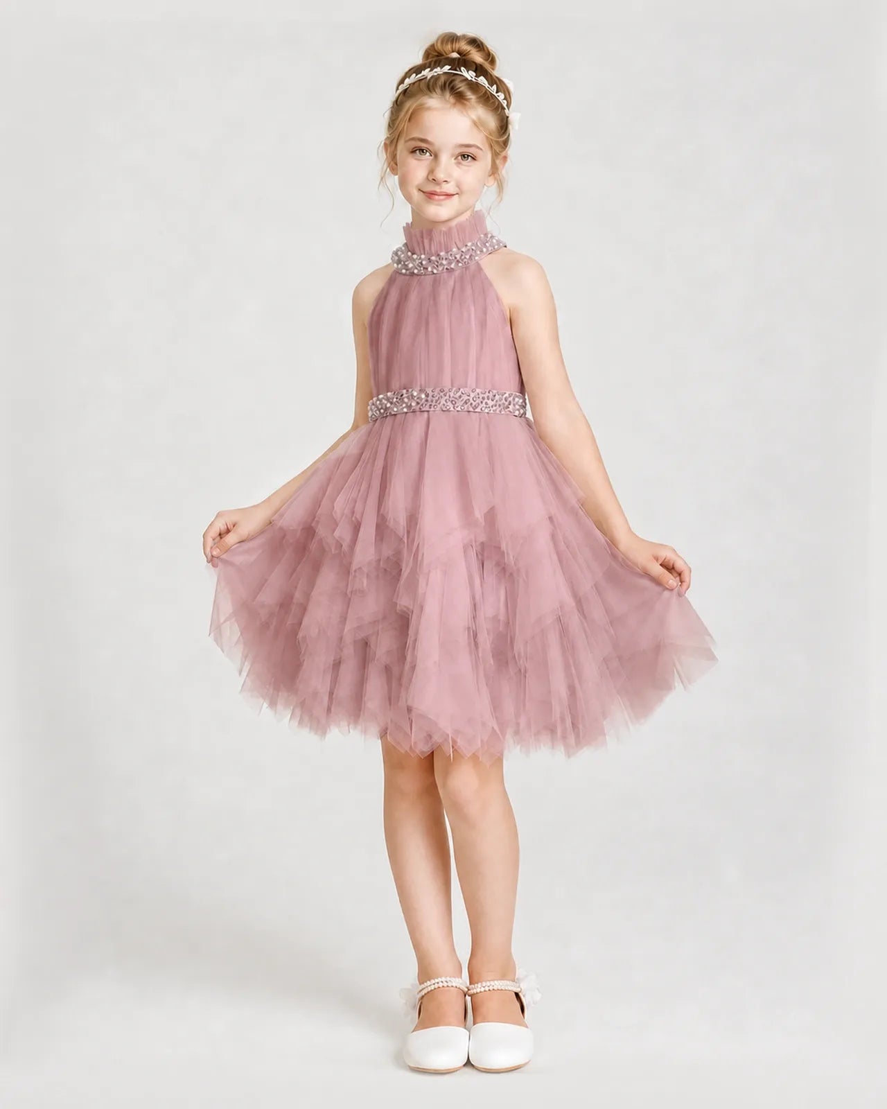 Dideyttawl Pearl High Neck Tiered Tulle Girl Formal Dress