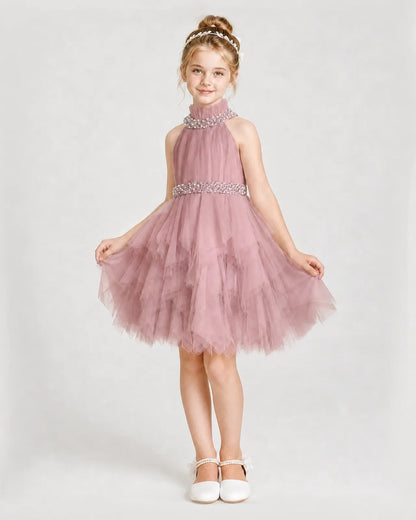 Dideyttawl Pearl High Neck Tiered Tulle Girl Formal Dress