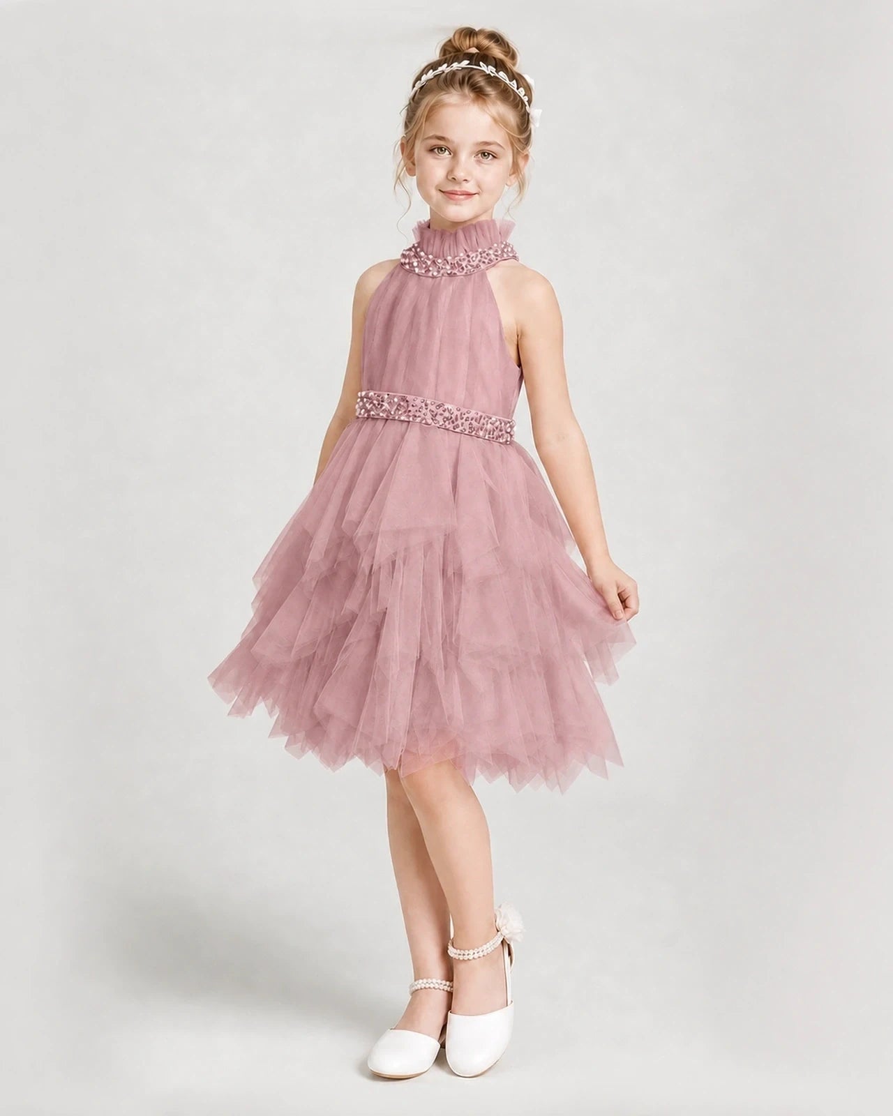 Dideyttawl Pearl High Neck Tiered Tulle Girl Formal Dress