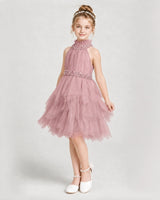 Dusty Rose Tulle Halter A-Line Girls Formal Dresses Side View