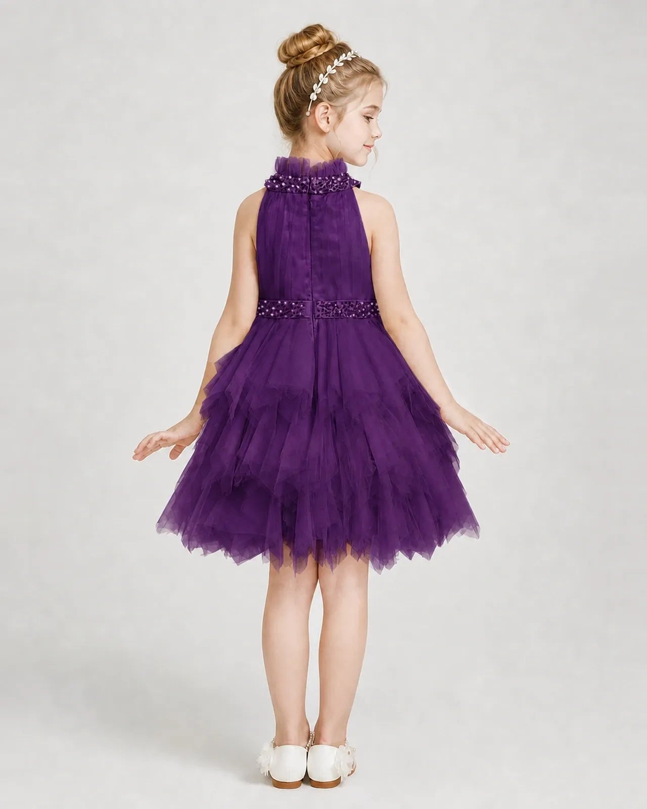 Dideyttawl Pearl High Neck Tiered Tulle Girl Formal Dress