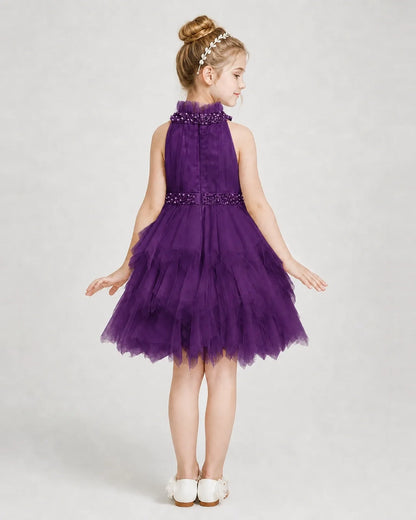 Dideyttawl Pearl High Neck Tiered Tulle Girl Formal Dress