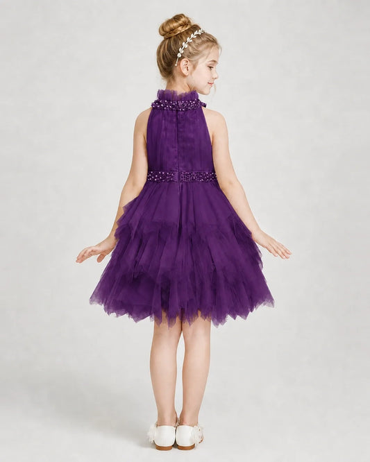 Grape Tulle Halter Tiered Girls Formal Dresses Back View