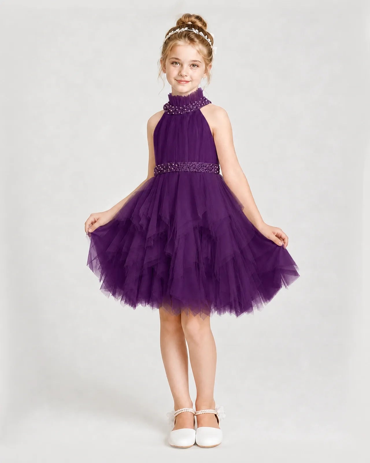 Dideyttawl Pearl High Neck Tiered Tulle Girl Formal Dress