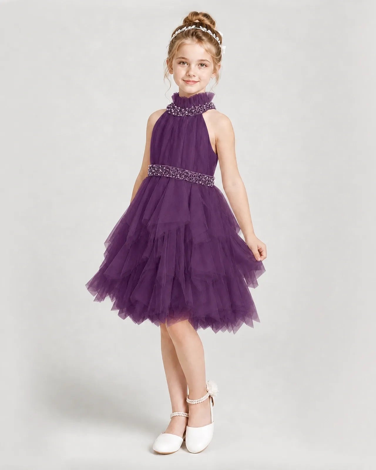 Dideyttawl Pearl High Neck Tiered Tulle Girl Formal Dress