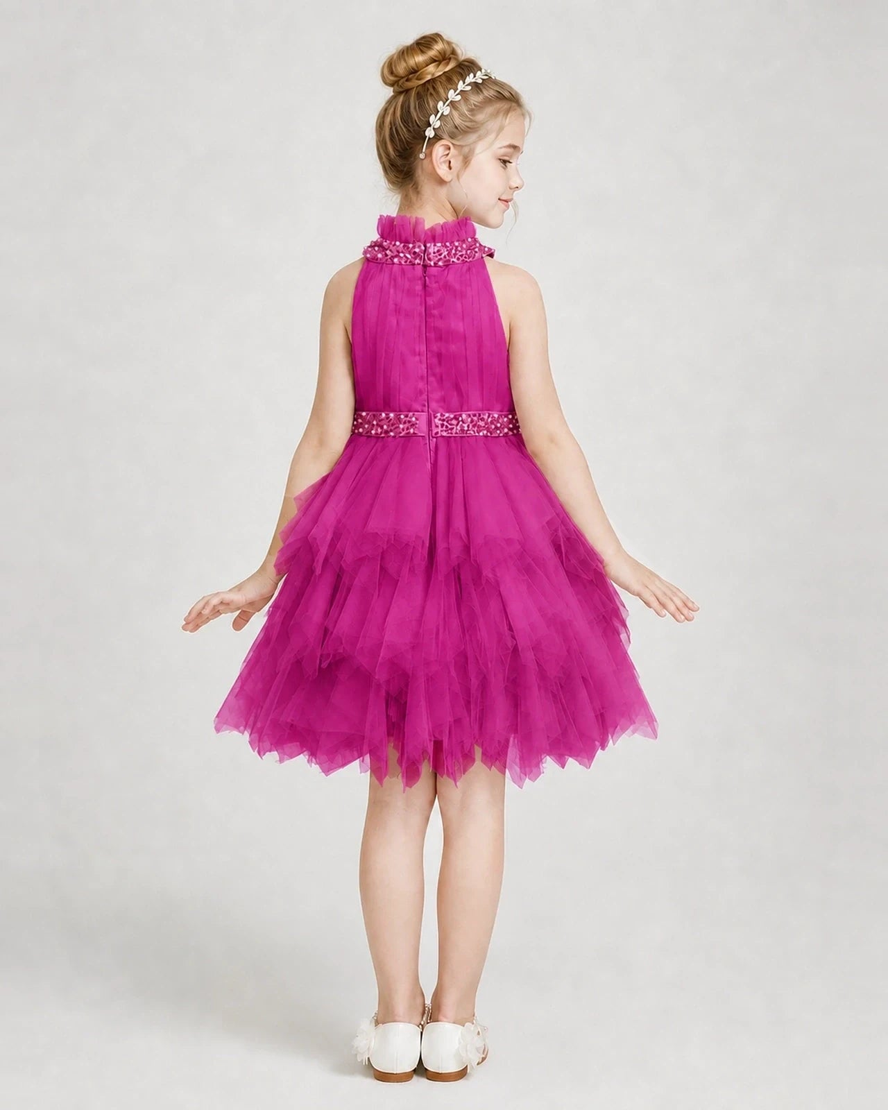 Dideyttawl Pearl High Neck Tiered Tulle Girl Formal Dress