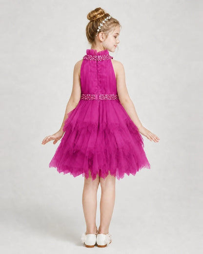 Dideyttawl Pearl High Neck Tiered Tulle Girl Formal Dress