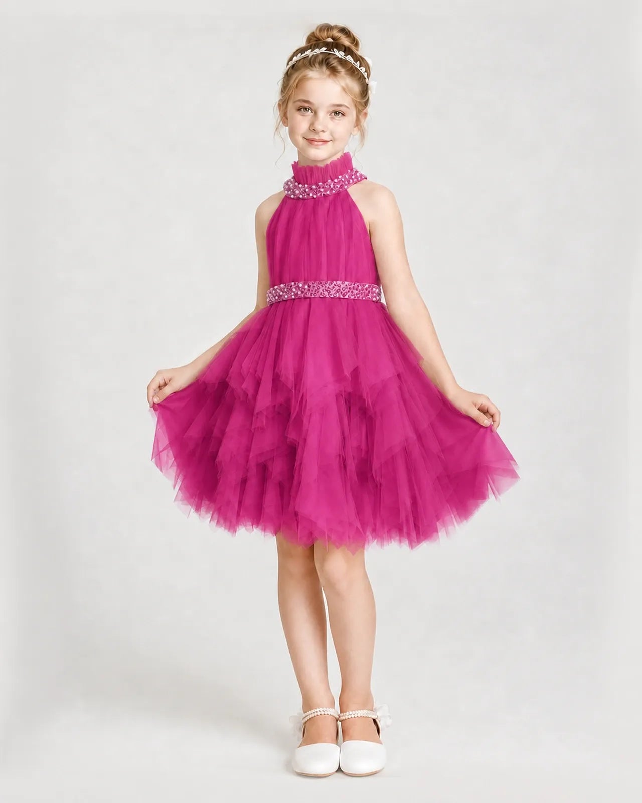 Dideyttawl Pearl High Neck Tiered Tulle Girl Formal Dress