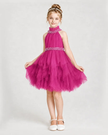 Dideyttawl Pearl High Neck Tiered Tulle Girl Formal Dress