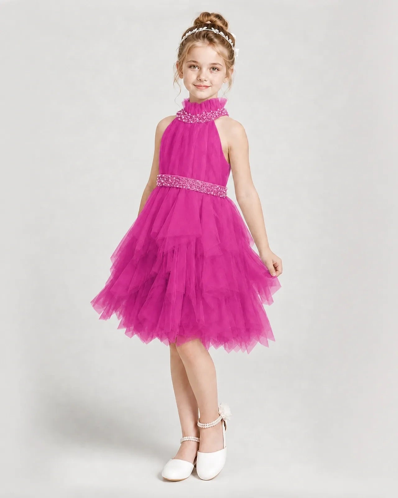 Dideyttawl Pearl High Neck Tiered Tulle Girl Formal Dress
