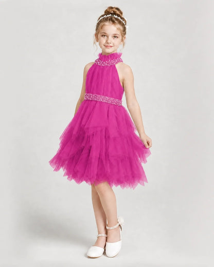 Dideyttawl Pearl High Neck Tiered Tulle Girl Formal Dress