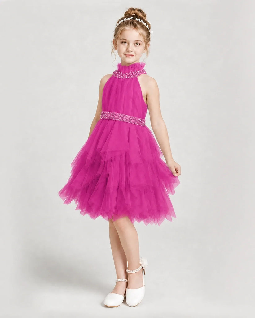 Hot Pink Tulle Halter Girls Formal Dresses Side View