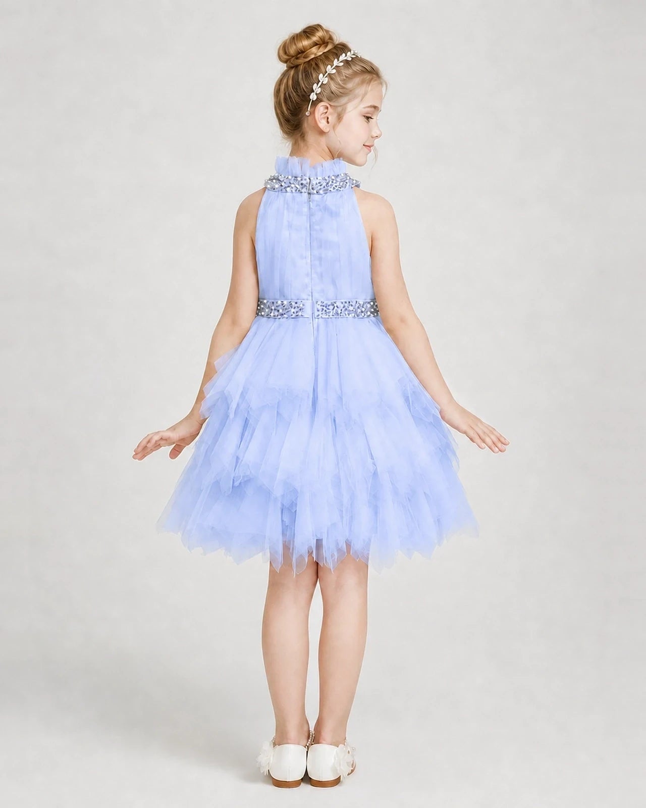 Dideyttawl Pearl High Neck Tiered Tulle Girl Formal Dress