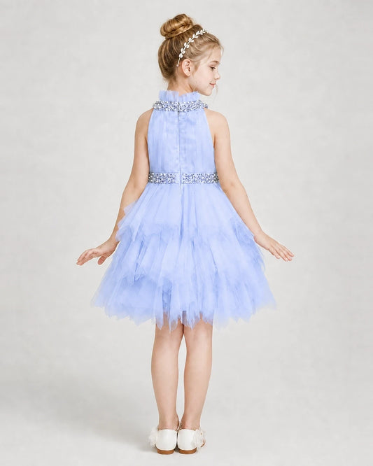 Lavender Tulle Halter Ruffled Girls Formal Dresses Back View
