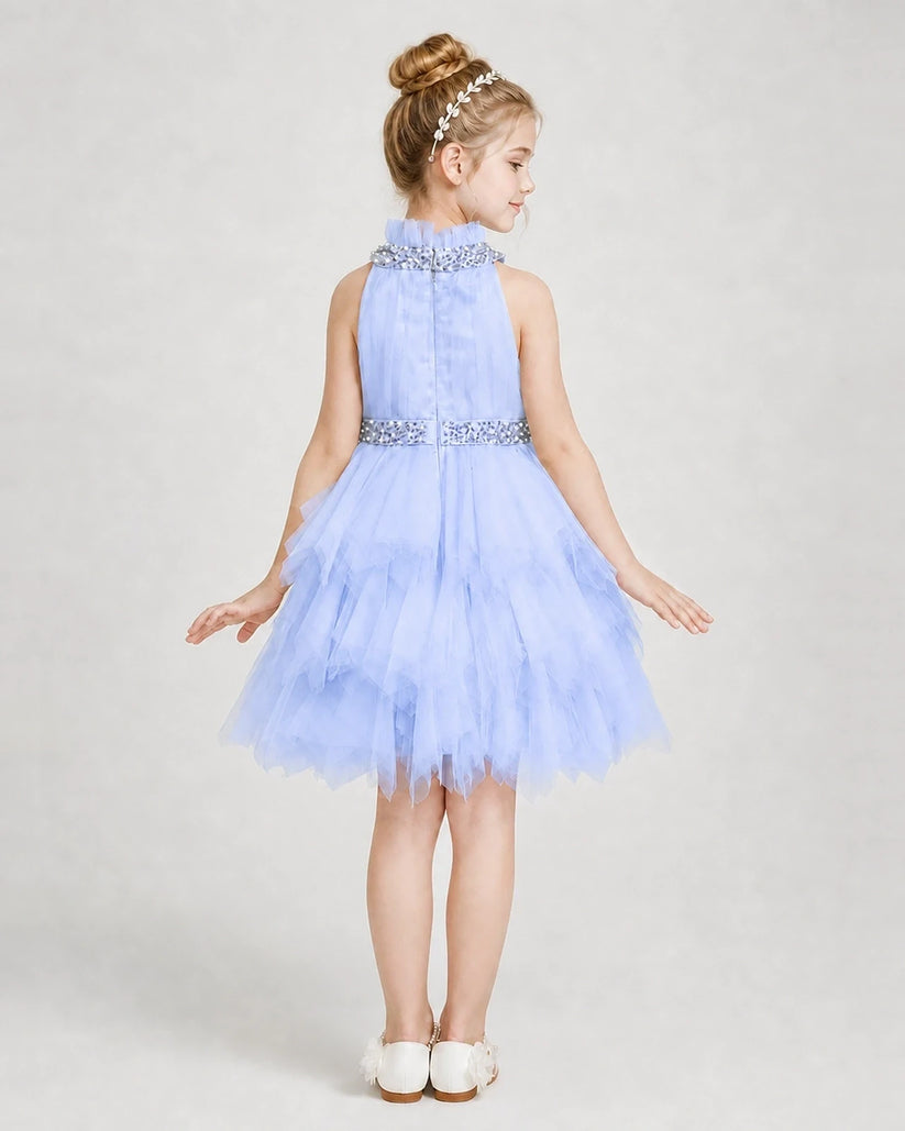 Lavender Tulle Halter Ruffled Girls Formal Dresses Back View