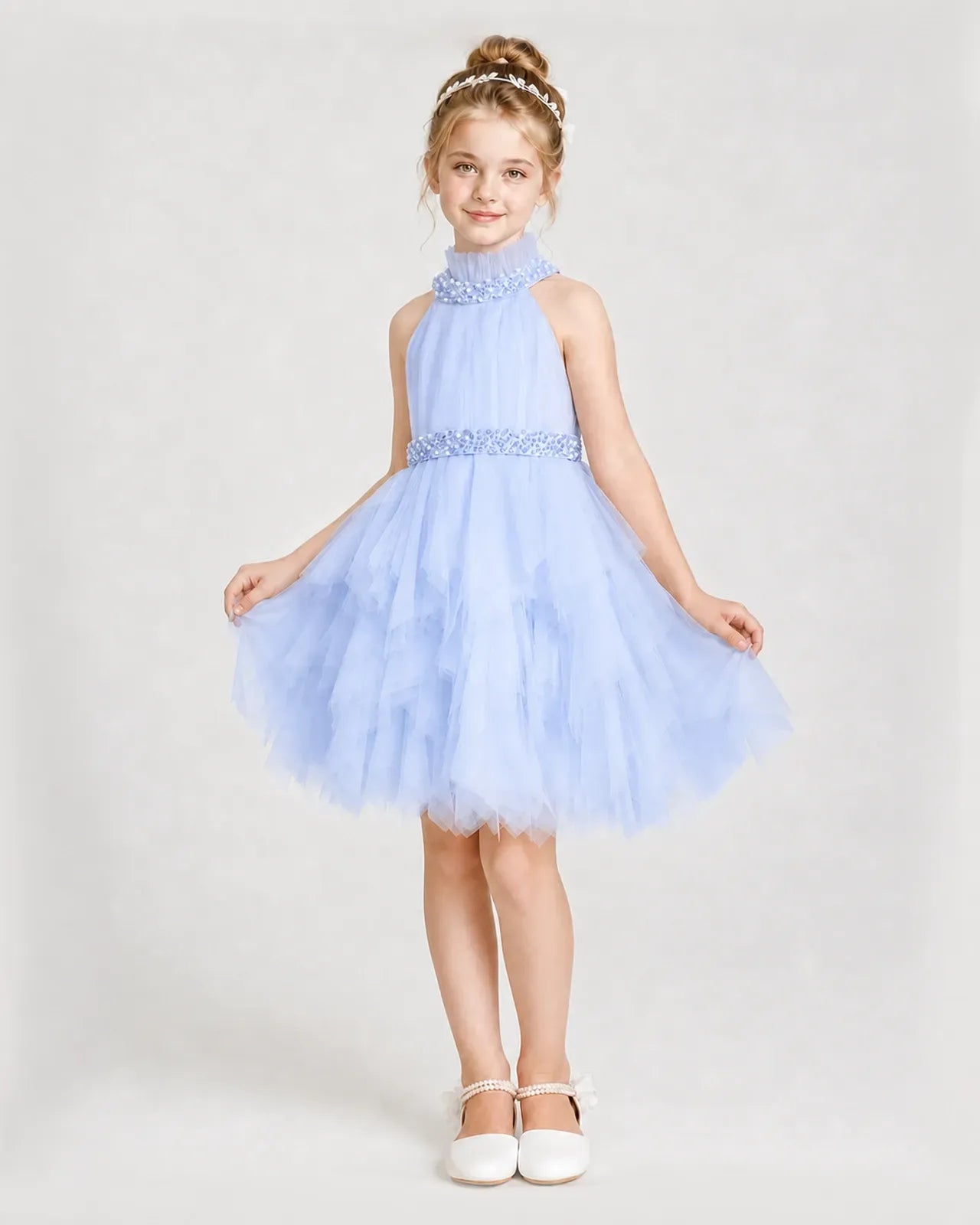 Dideyttawl Pearl High Neck Tiered Tulle Girl Formal Dress